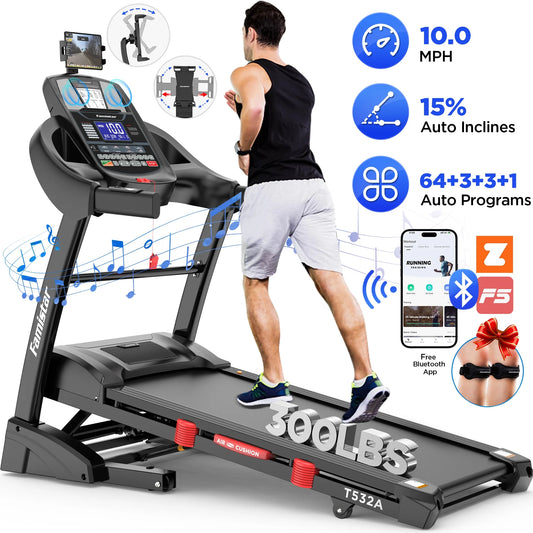 4.5HP Folding Treadmill for Home with 15 Auto Incline, Smart APP, 300Lbs, Hifi Bluetooth Speakers, 64 Programs, 10MPH Speed, Foldable Eletreadmill Running Machine, Knee Strap Gift